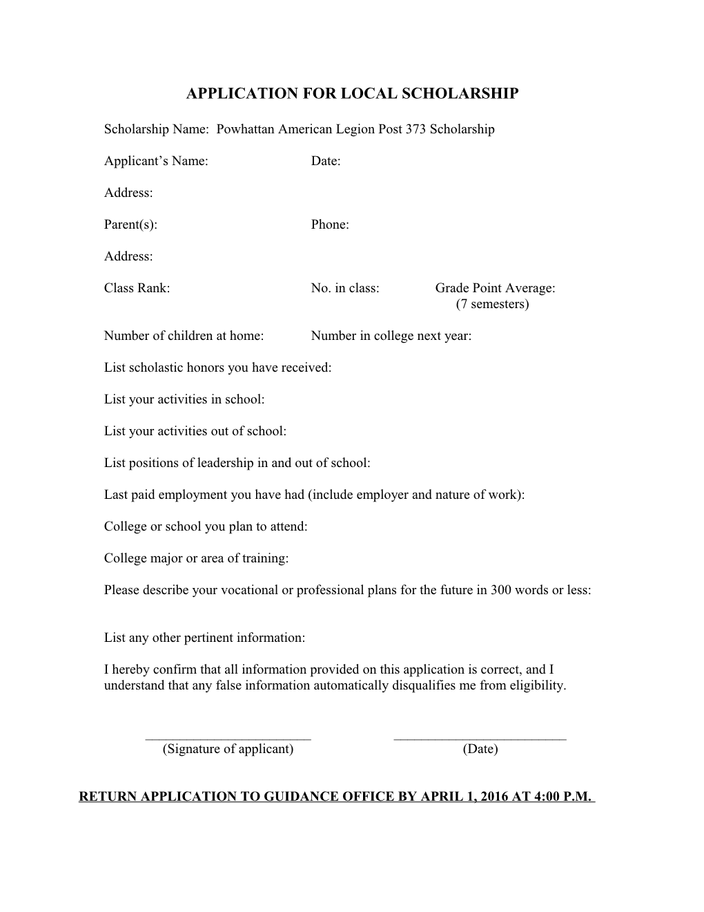 Application for Local Scholarship