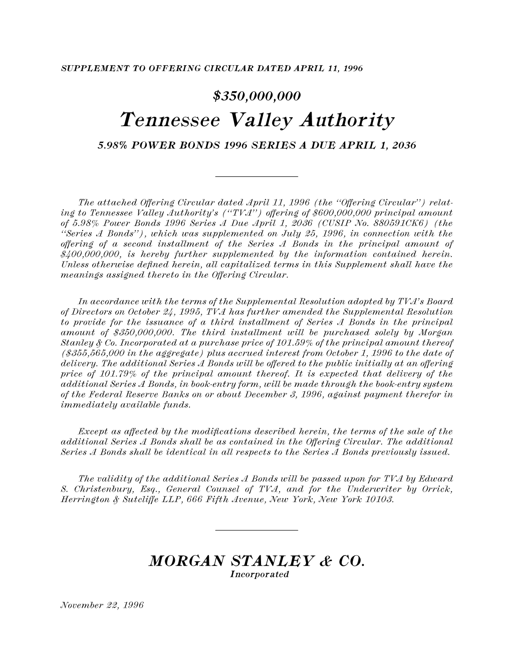 Tennessee Valley Authority 5.98% POWER BONDS 1996 SERIES a DUE APRIL 1, 2036