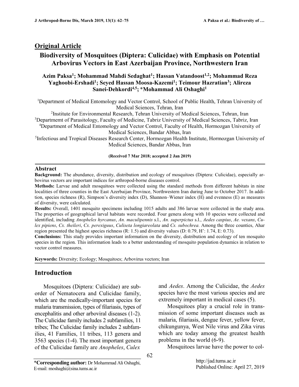 Biodiversity of Mosquitoes (Diptera: Culicidae) with Emphasis on Potential Arbovirus Vectors in East Azerbaijan Province, Northwestern Iran