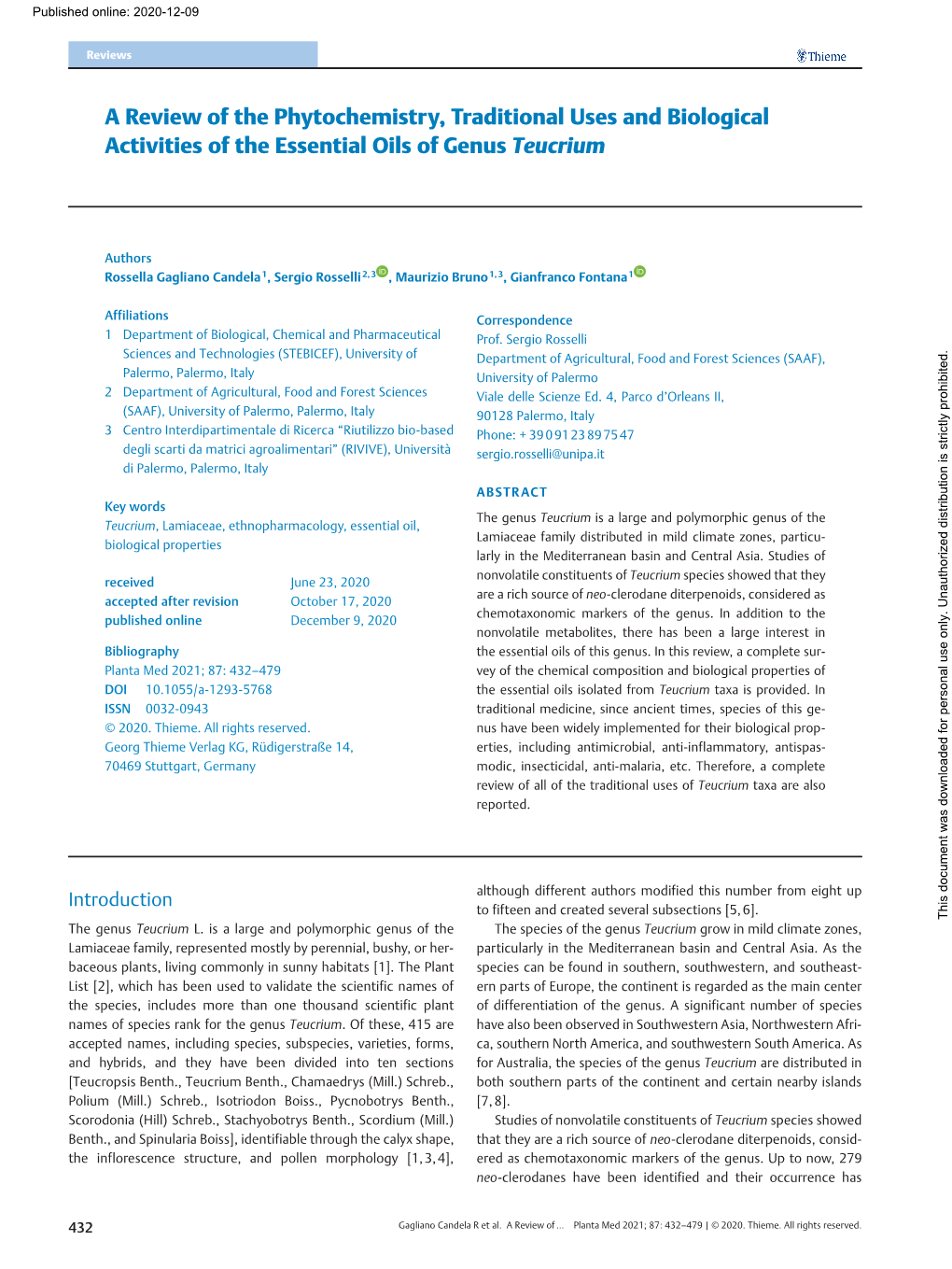 A Review of the Phytochemistry, Traditional Uses and Biological Activities of the Essential Oils of Genus Teucrium