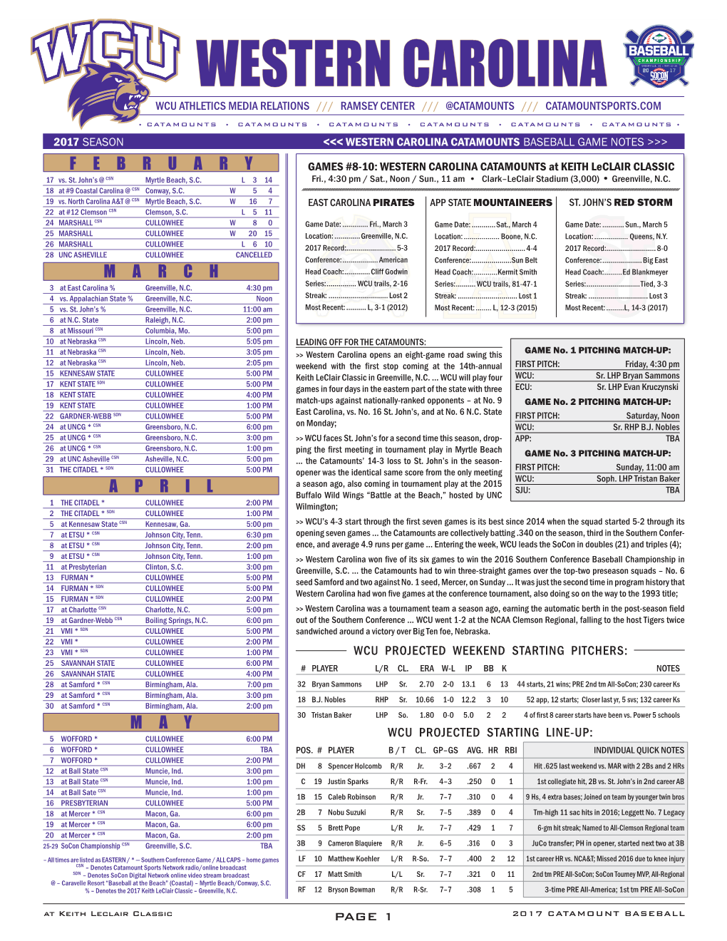 Western Carolina Greenville, Sc « May 23-28 Wcu Athletics Media Relations /// Ramsey Center /// @Catamounts /// Catamountsports.Com