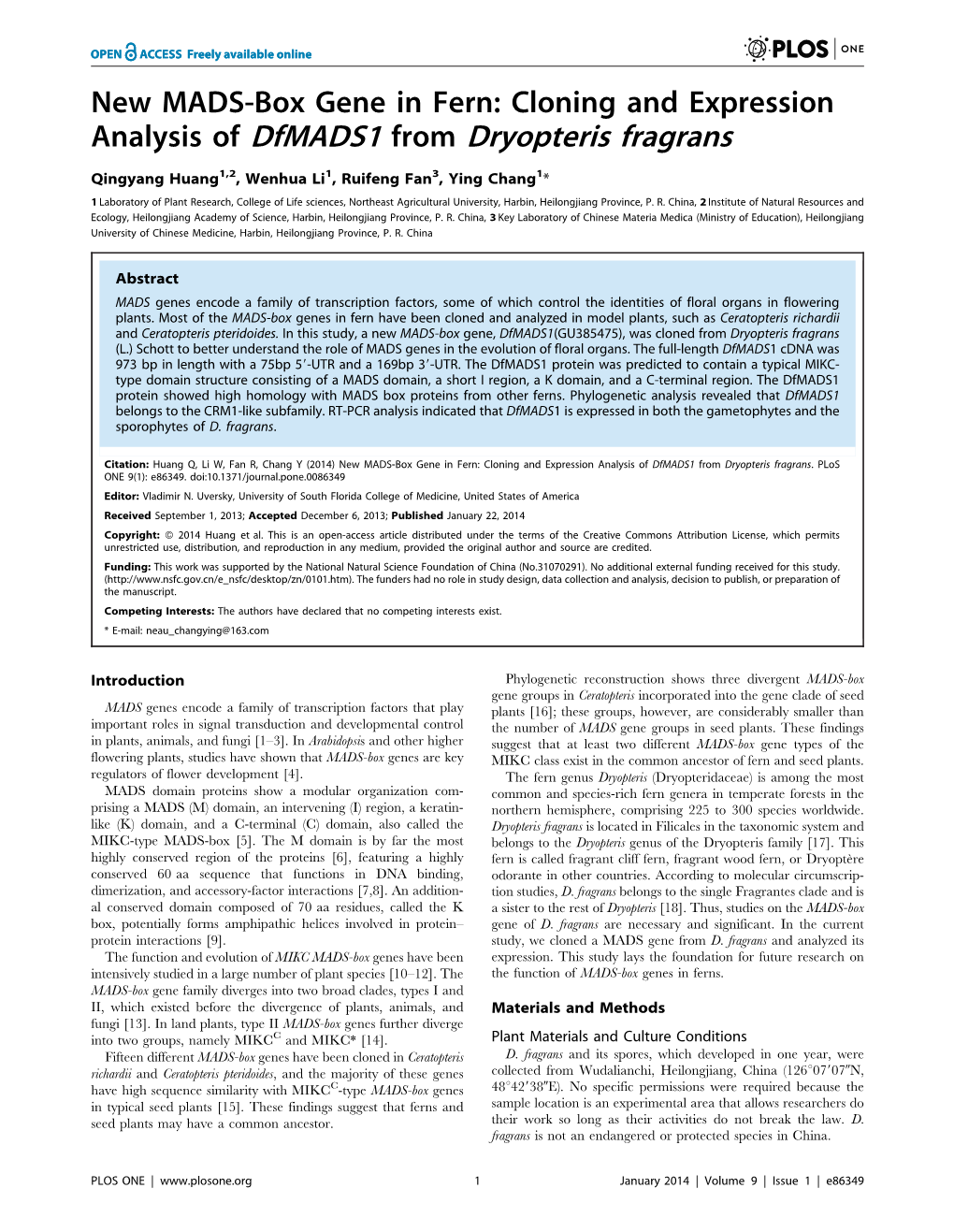 New MADS-Box Gene in Fern: Cloning and Expression Analysis of Dfmads1 from Dryopteris Fragrans