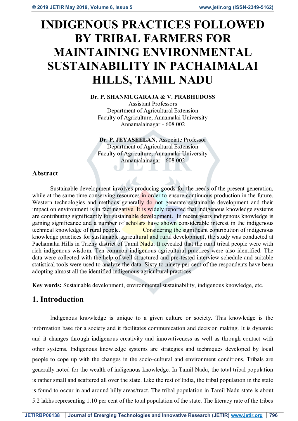 Indigenous Practices Followed by Tribal Farmers for Maintaining Environmental Sustainability in Pachaimalai Hills, Tamil Nadu