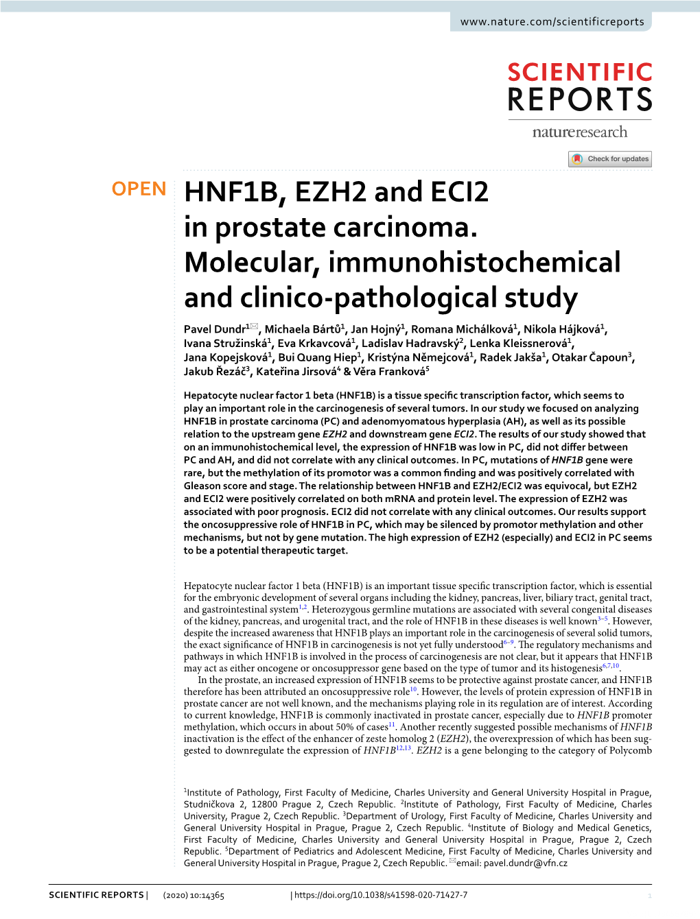 HNF1B, EZH2 and ECI2 in Prostate Carcinoma. Molecular