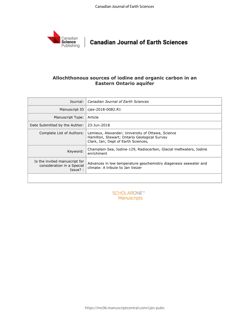 Allochthonous Sources of Iodine and Organic Carbon in an Eastern Ontario Aquifer