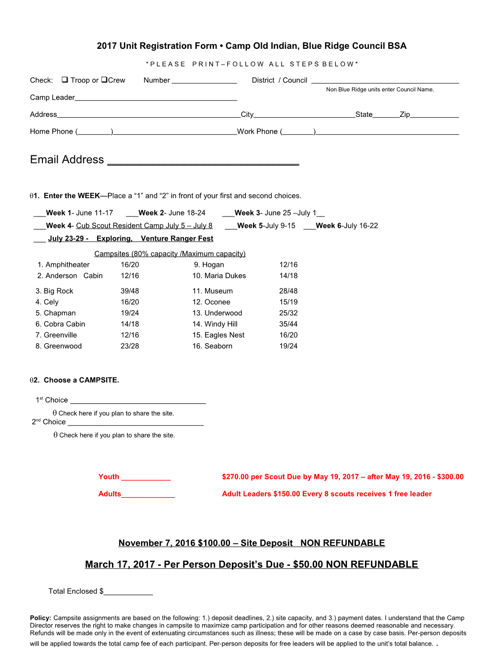 2004 Unit Registration Form Camp Old Indian, Blue Ridge Council BSA