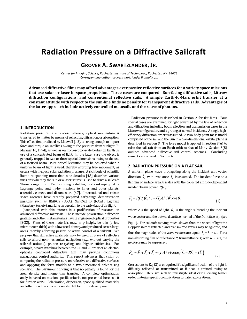 Radiation Pressure on a Diffractive Solar Sail Arxiv