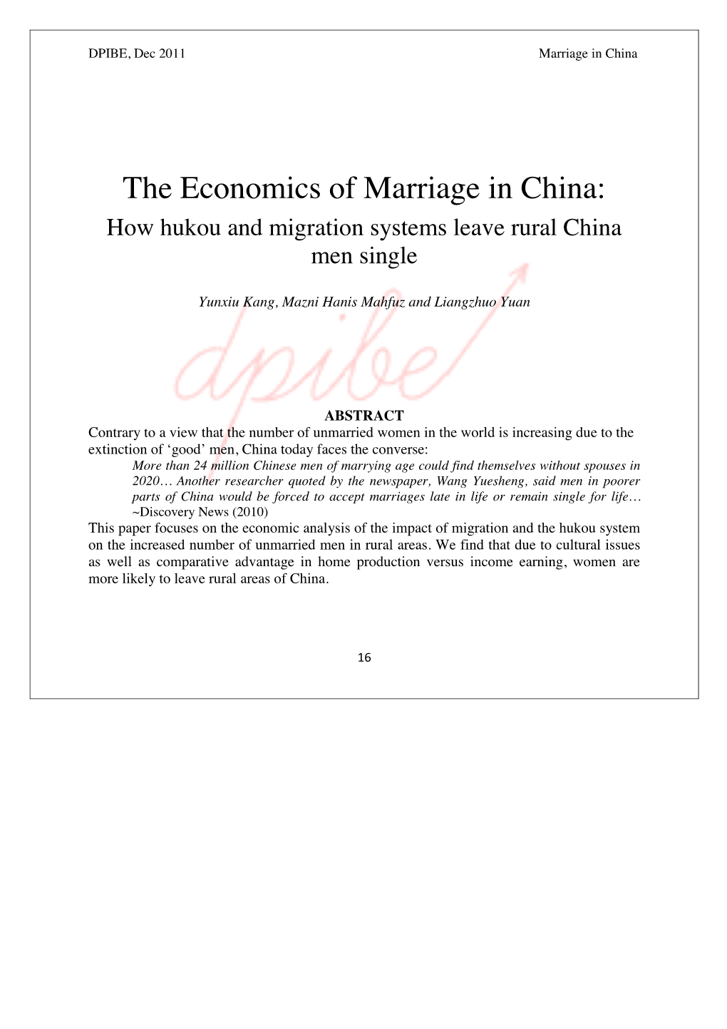 The Economics of Marriage in China: How Hukou and Migration Systems Leave Rural China Men Single