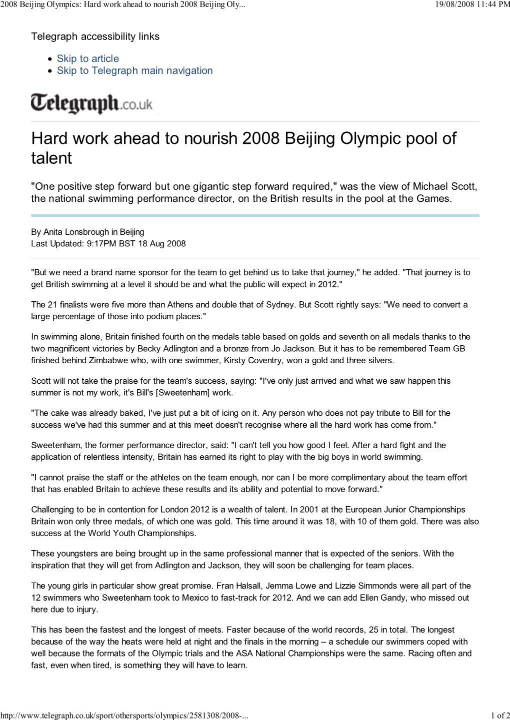 Hard Work Ahead to Nourish 2008 Beijing Olympic Pool of Talent