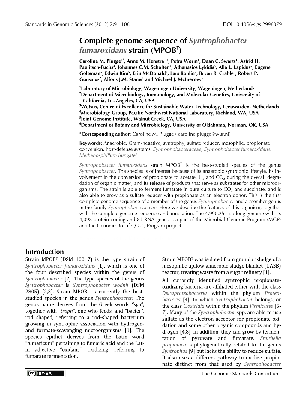 Syntrophobacter Fumaroxidans Strain (MPOBT) Caroline M