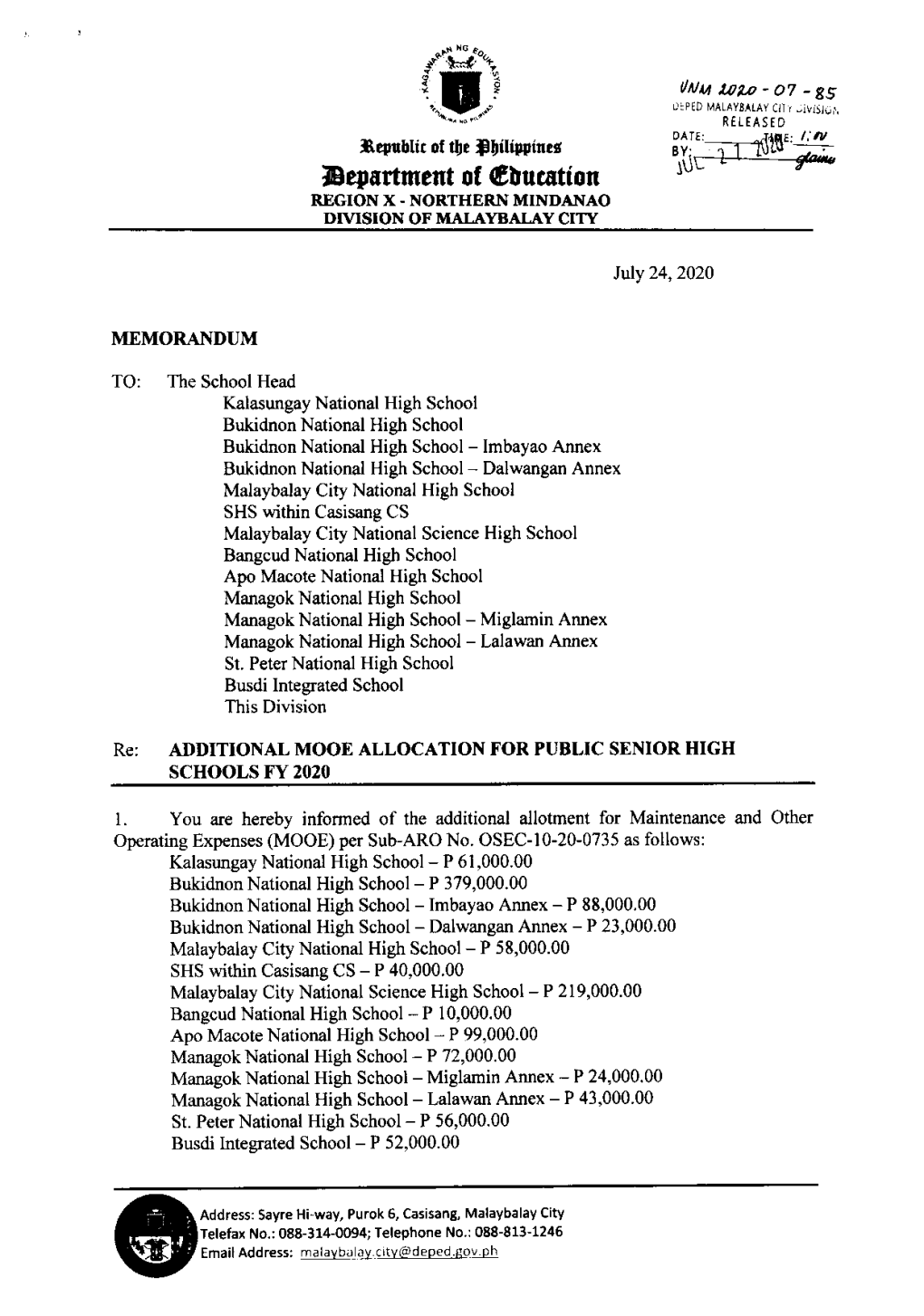 Additional MOOE Allocation for Public Senior High Schools FY 2020