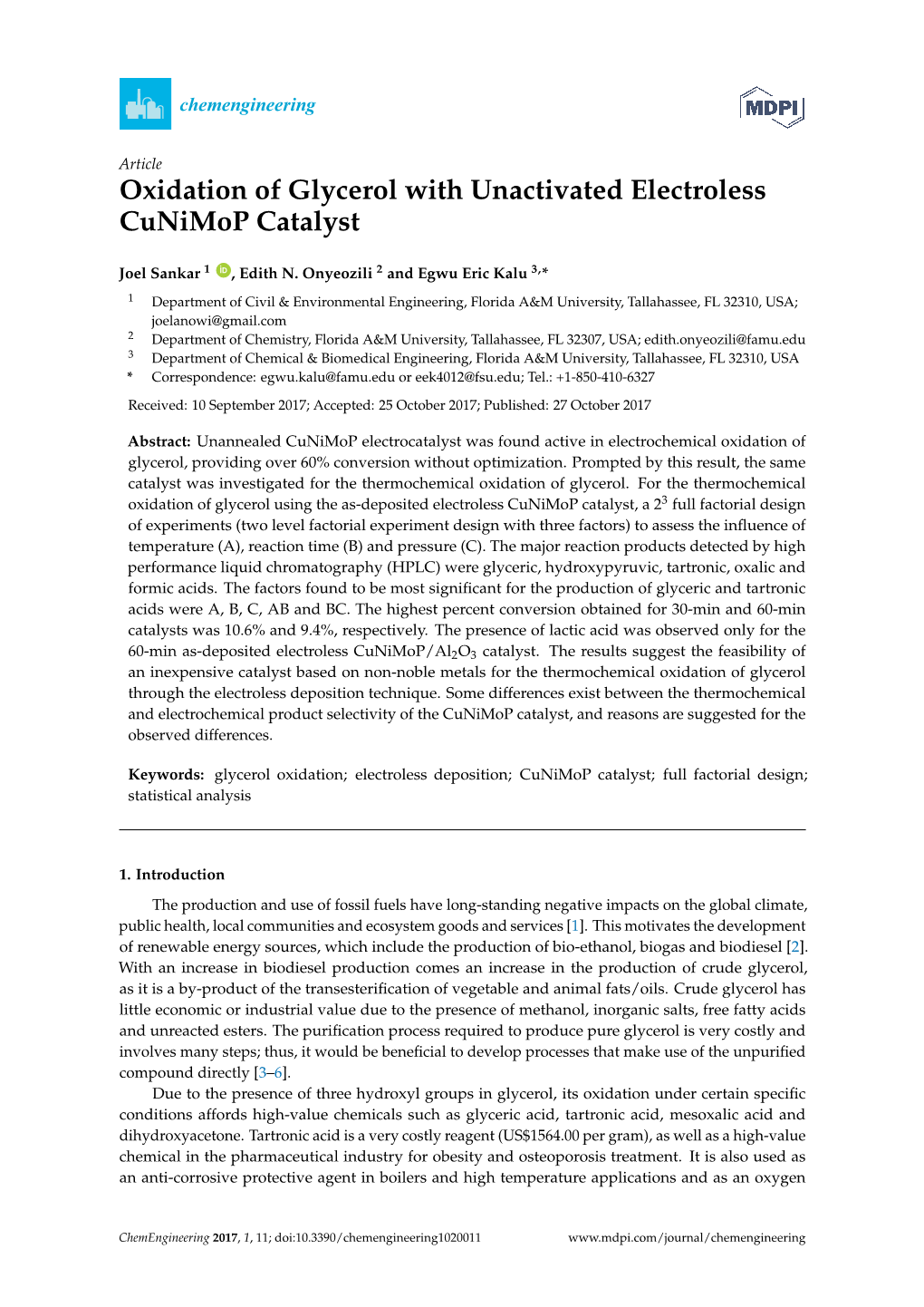 Oxidation of Glycerol with Unactivated Electroless Cunimop Catalyst