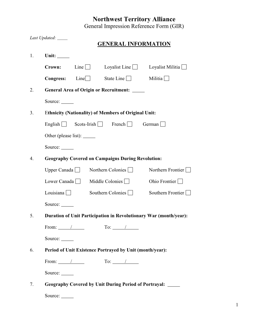 Northwest Territory Alliance General Impression Reference Form (GIR)