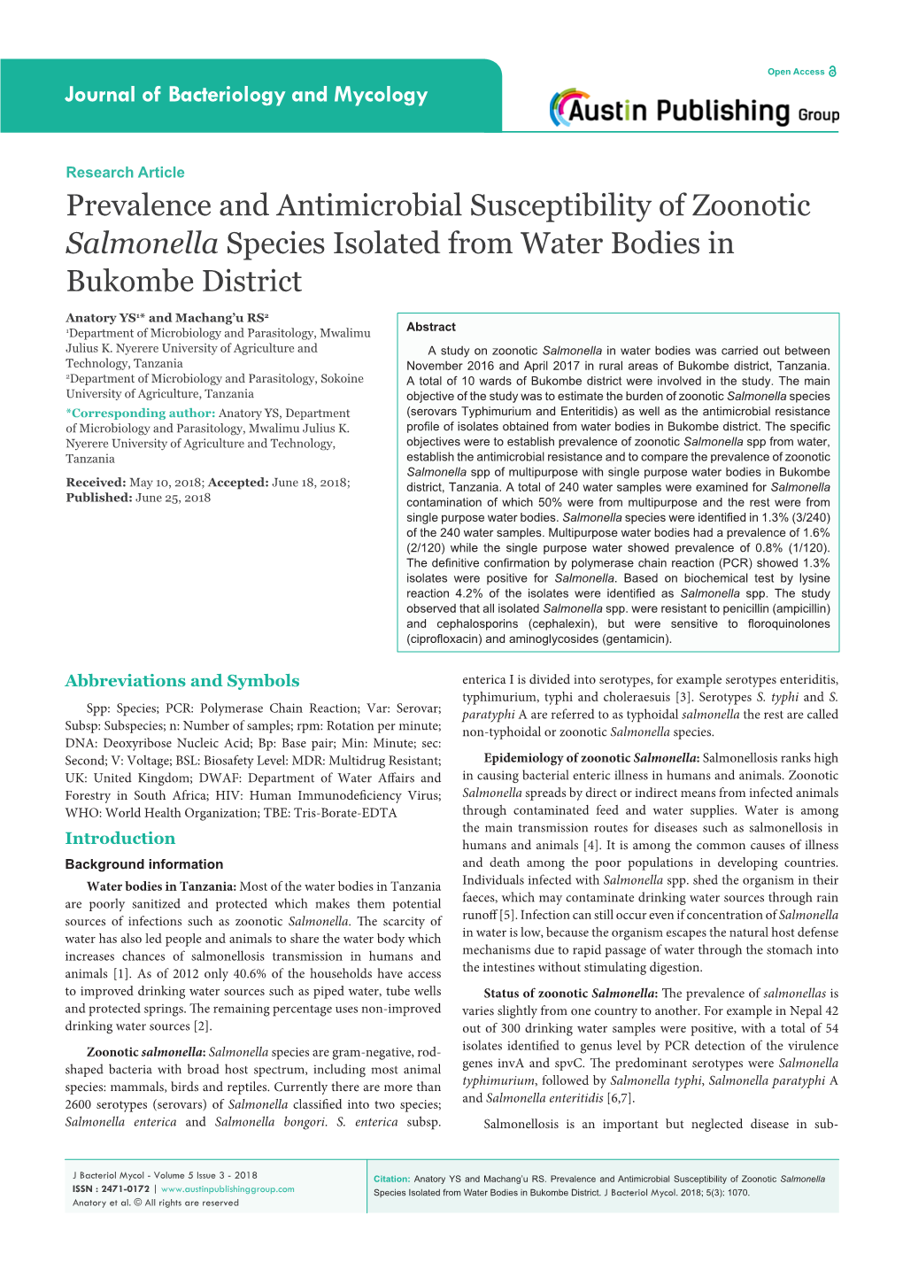 Prevalence and Antimicrobial Susceptibility of Zoonotic Salmonella Species Isolated from Water Bodies in Bukombe District