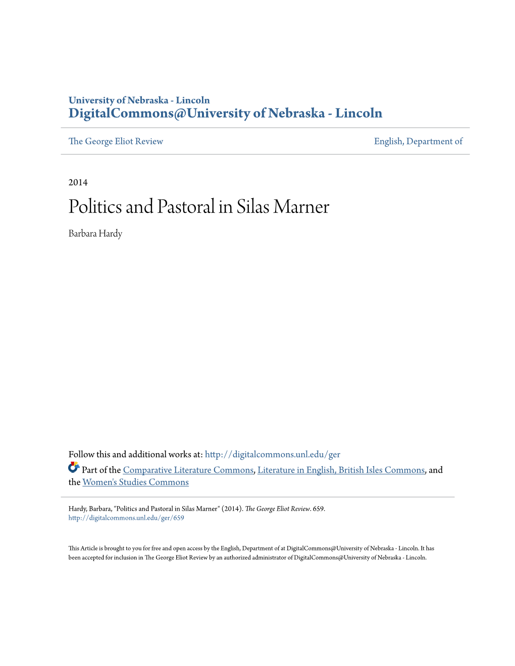 Politics and Pastoral in Silas Marner Barbara Hardy