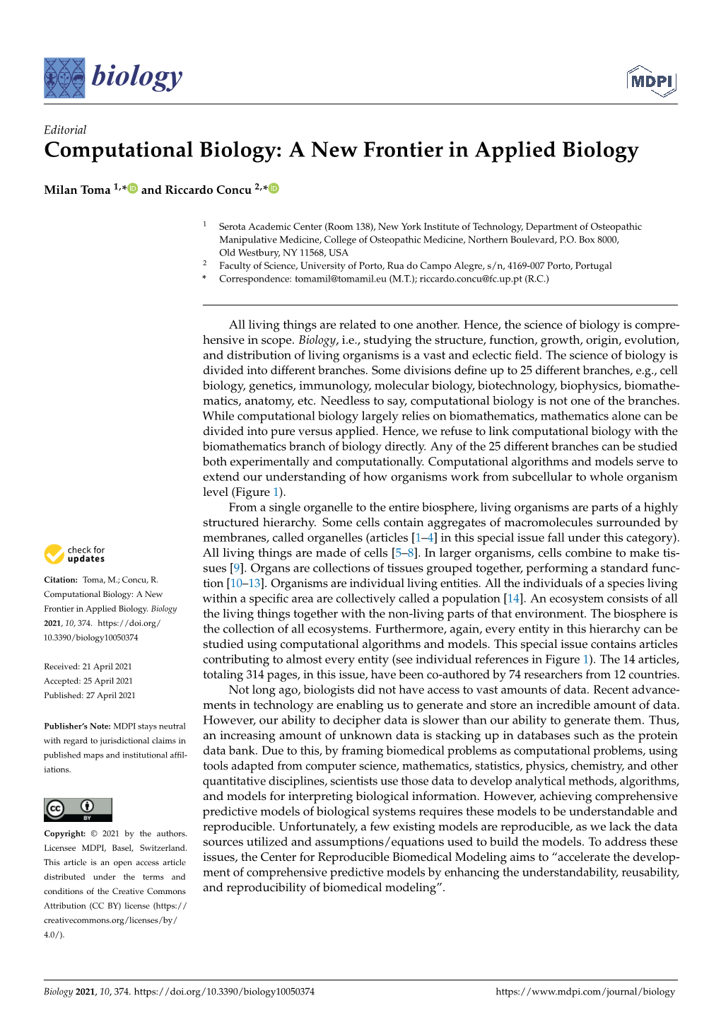 Computational Biology: a New Frontier in Applied Biology