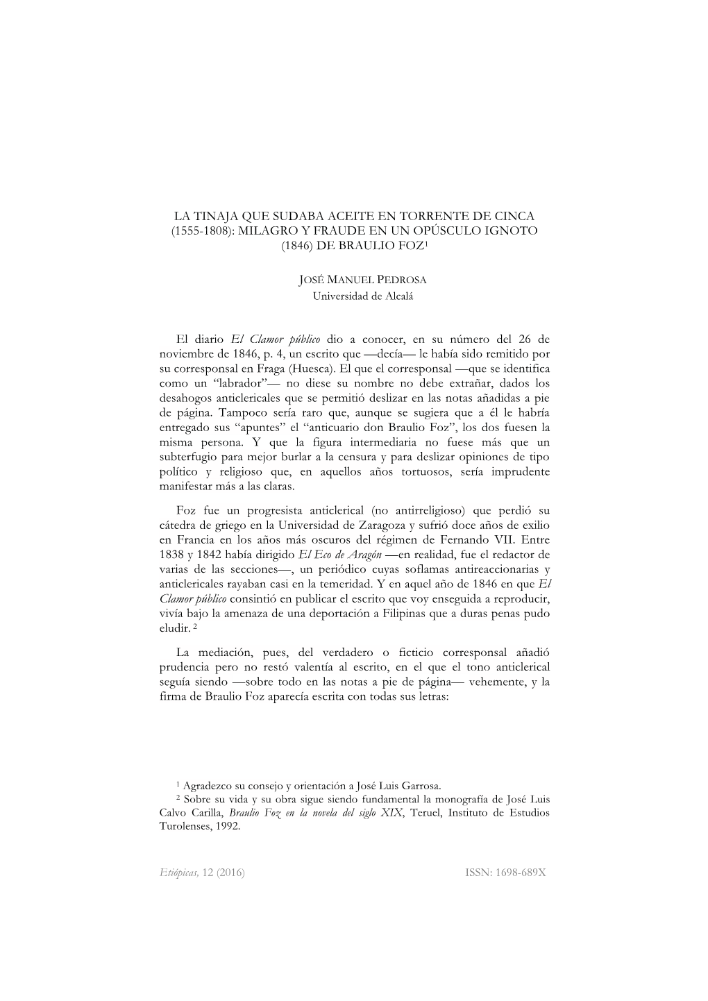 La Tinaja Que Sudaba Aceite En Torrente De Cinca (1555-1808): Milagro Y Fraude En Un Opúsculo Ignoto (1846) De Braulio Foz1