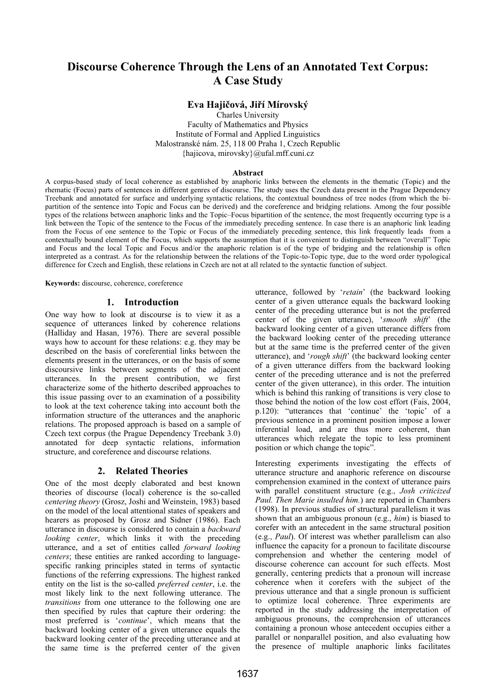 Discourse Coherence Through the Lens of an Annotated Text Corpus: a Case Study