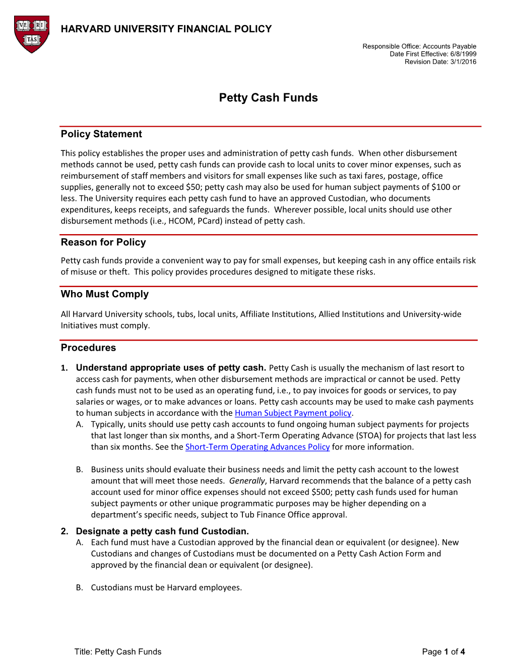 Policy on Petty Cash Funds