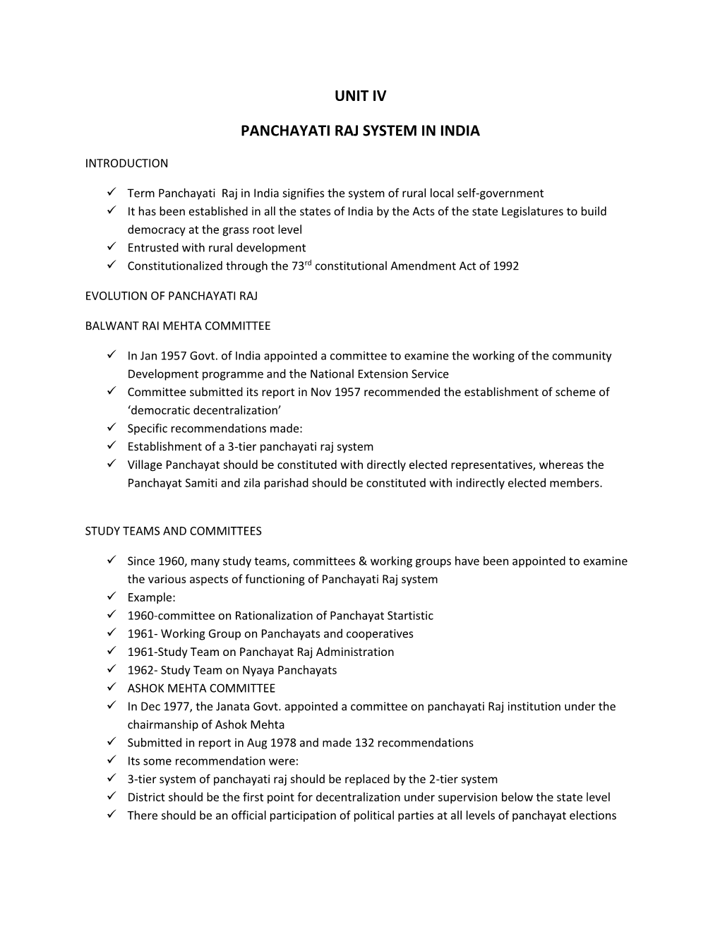 Unit Iv Panchayati Raj System in India