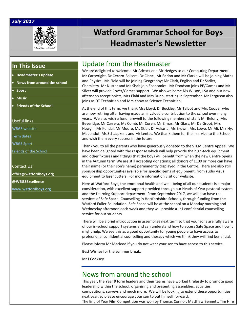 Watford Grammar School for Boys Headmaster's Newsletter