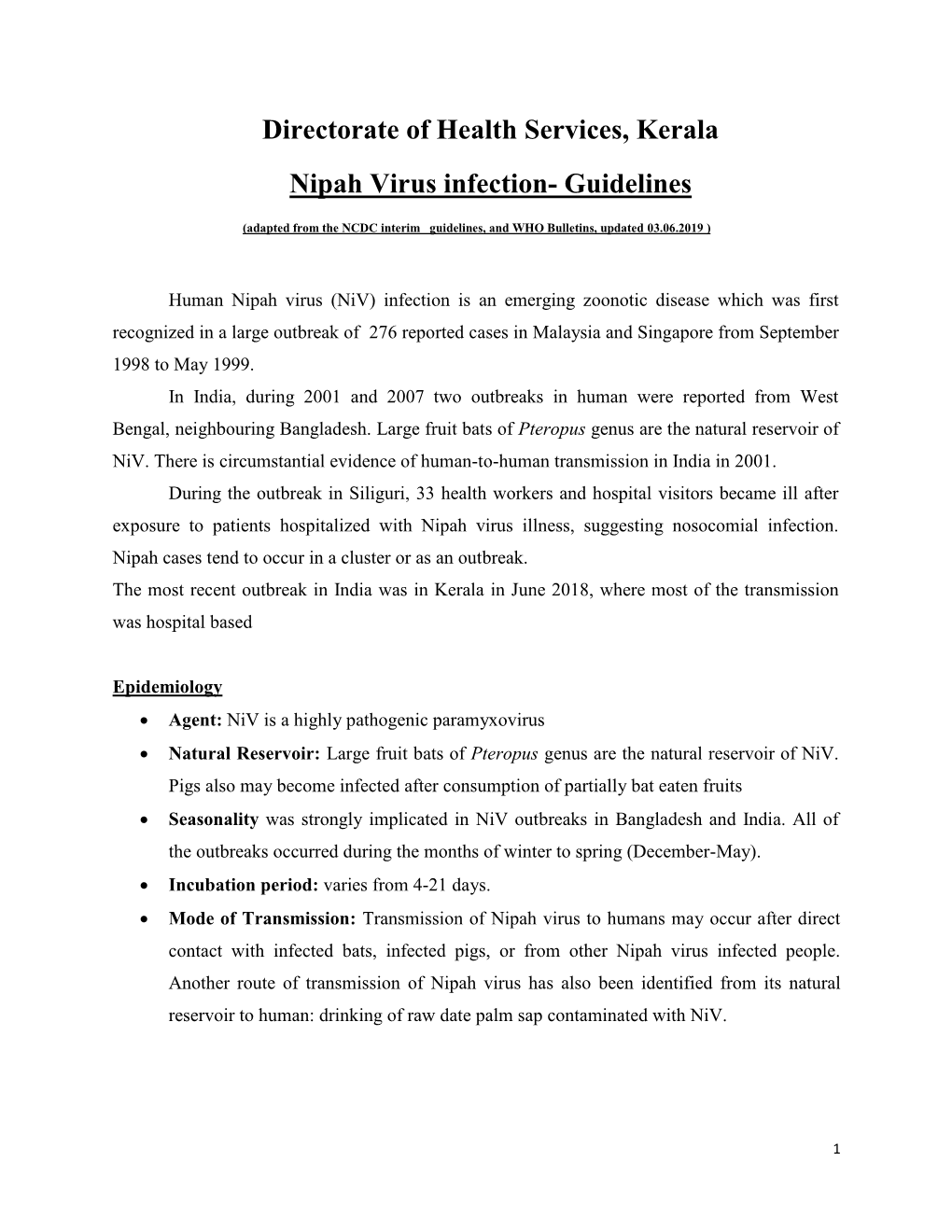 Directorate of Health Services, Kerala Nipah Virus Infection- Guidelines