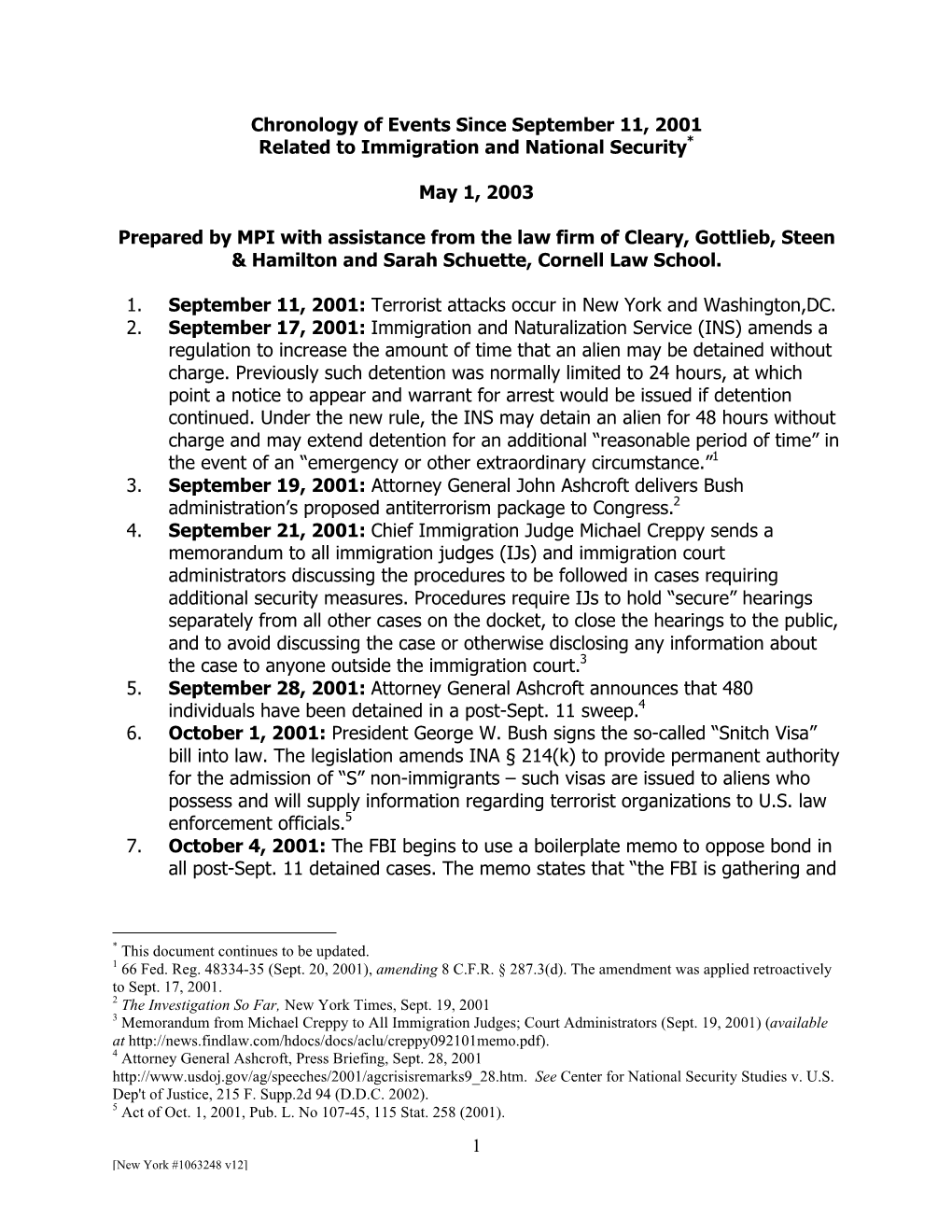 1 Chronology of Events Since September 11, 2001 Related To