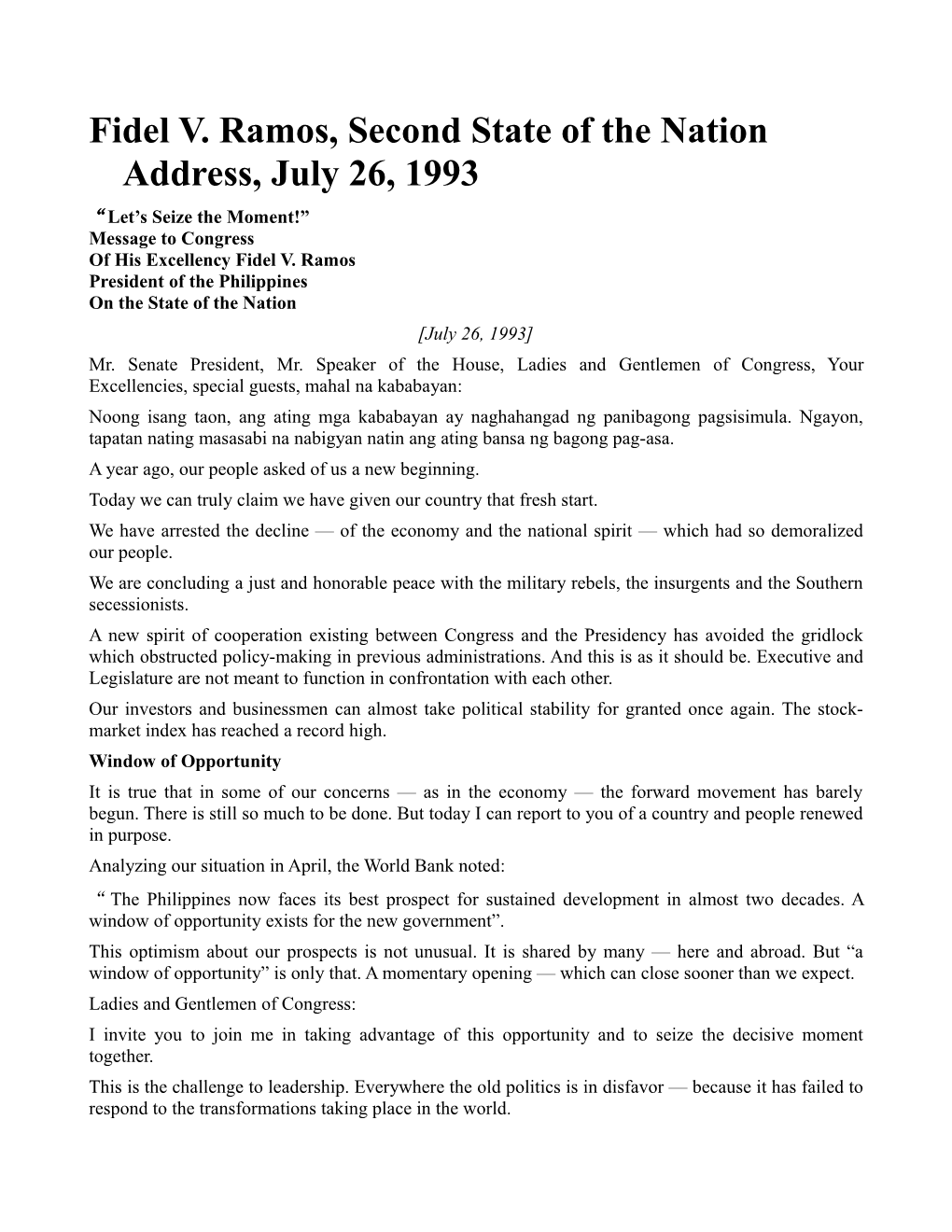 Fidel V. Ramos, Second State of the Nation Address, July 26, 1993