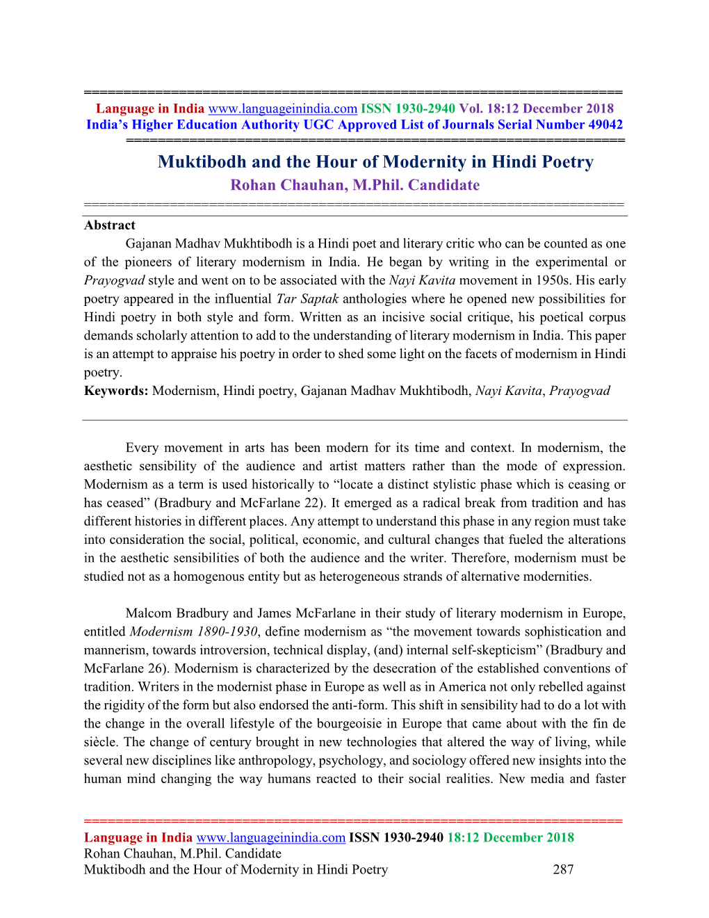 Muktibodh and the Hour of Modernity in Hindi Poetry Rohan Chauhan, M.Phil