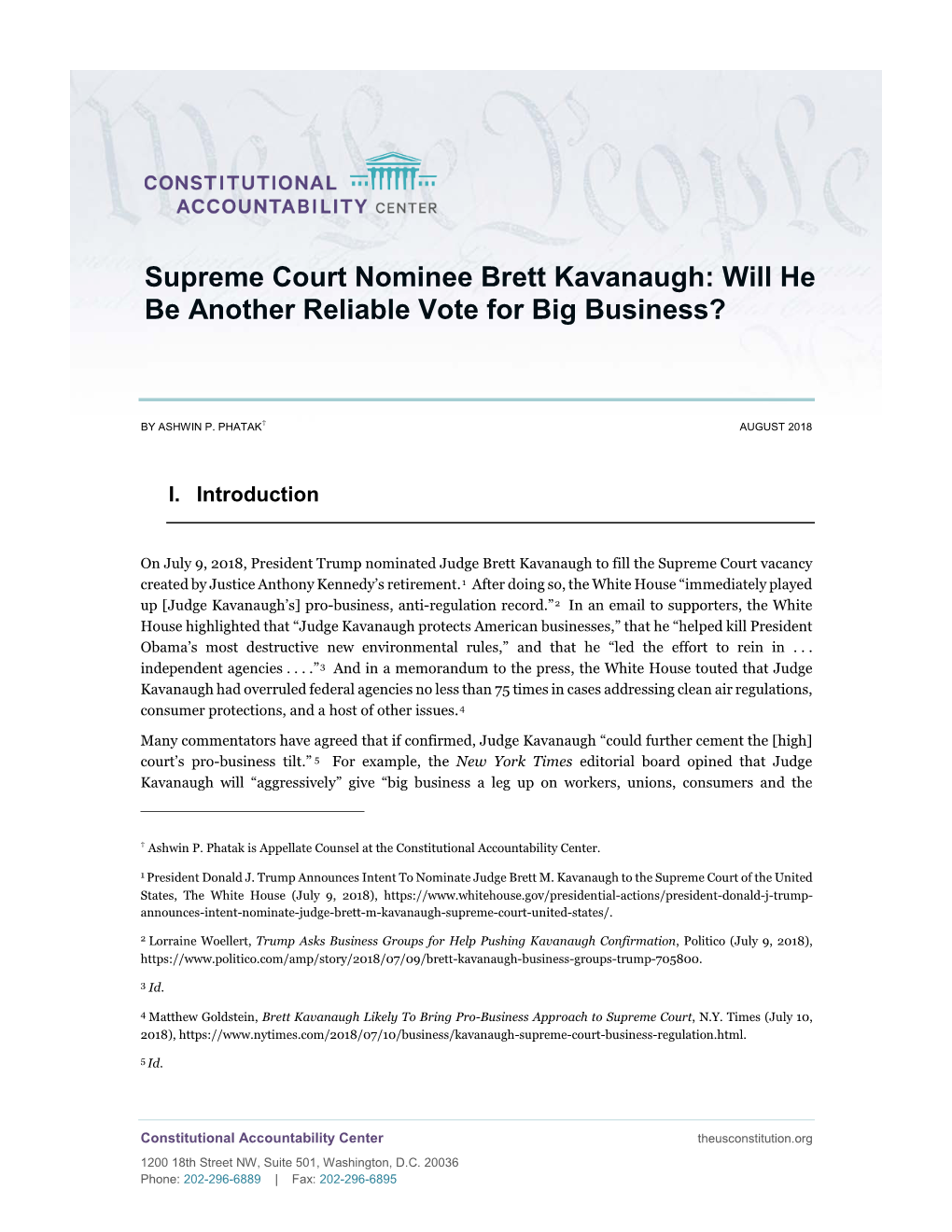 Supreme Court Nominee Brett Kavanaugh: Will He Be Another Reliable Vote for Big Business?