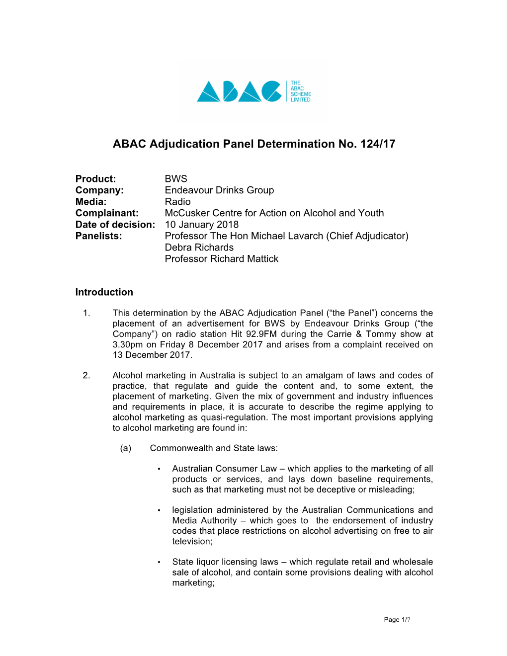 ABAC Adjudication Panel Determination No. 124/17