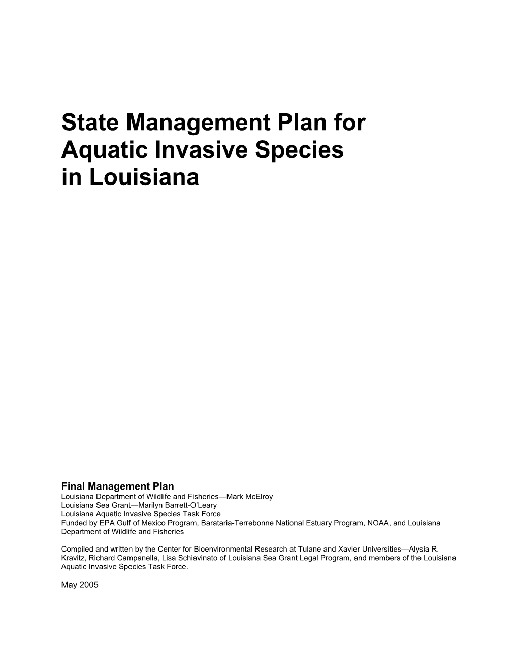 State Management Plan for Aquatic Invasive Species in Louisiana