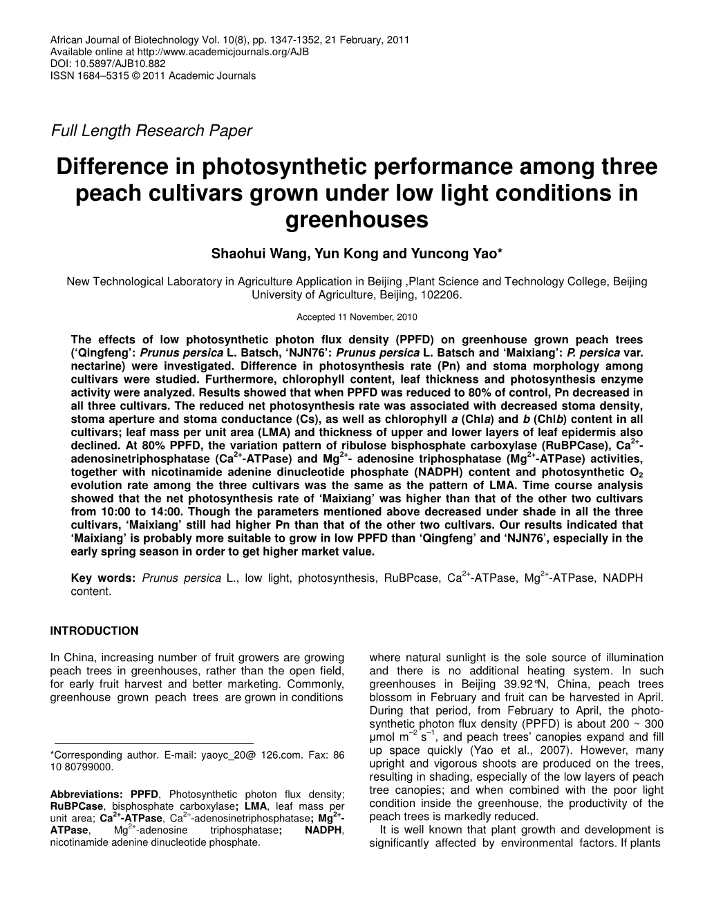 Difference in Photosynthetic Performance Among Three Peach Cultivars Grown Under Low Light Conditions in Greenhouses