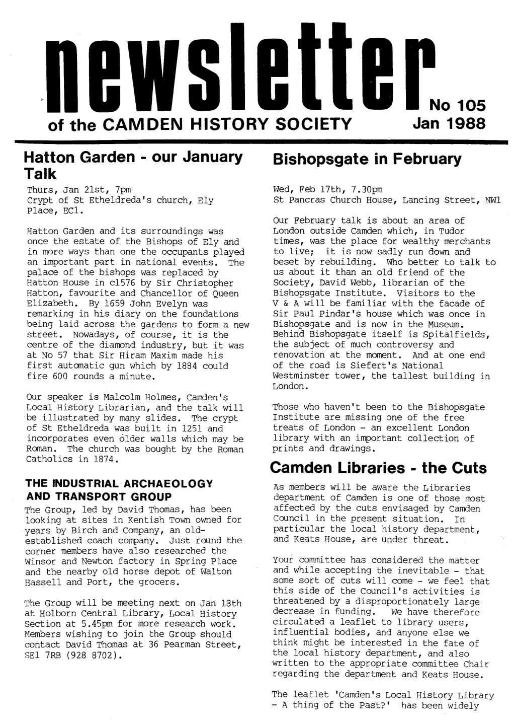 Of the CAMDEN HISTORY SOCIETY No 108 Jul 1988