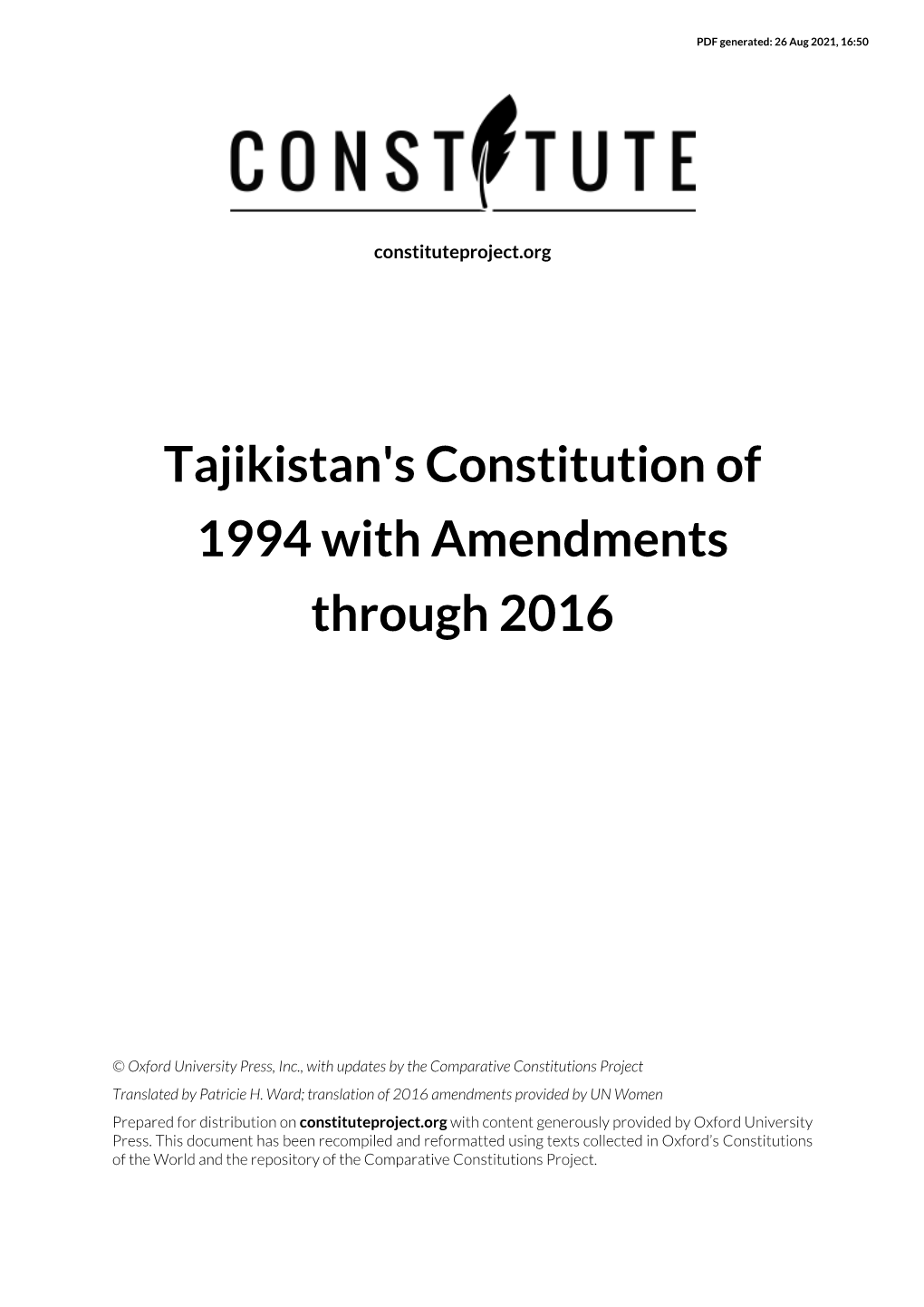 Tajikistan's Constitution of 1994 with Amendments Through 2016