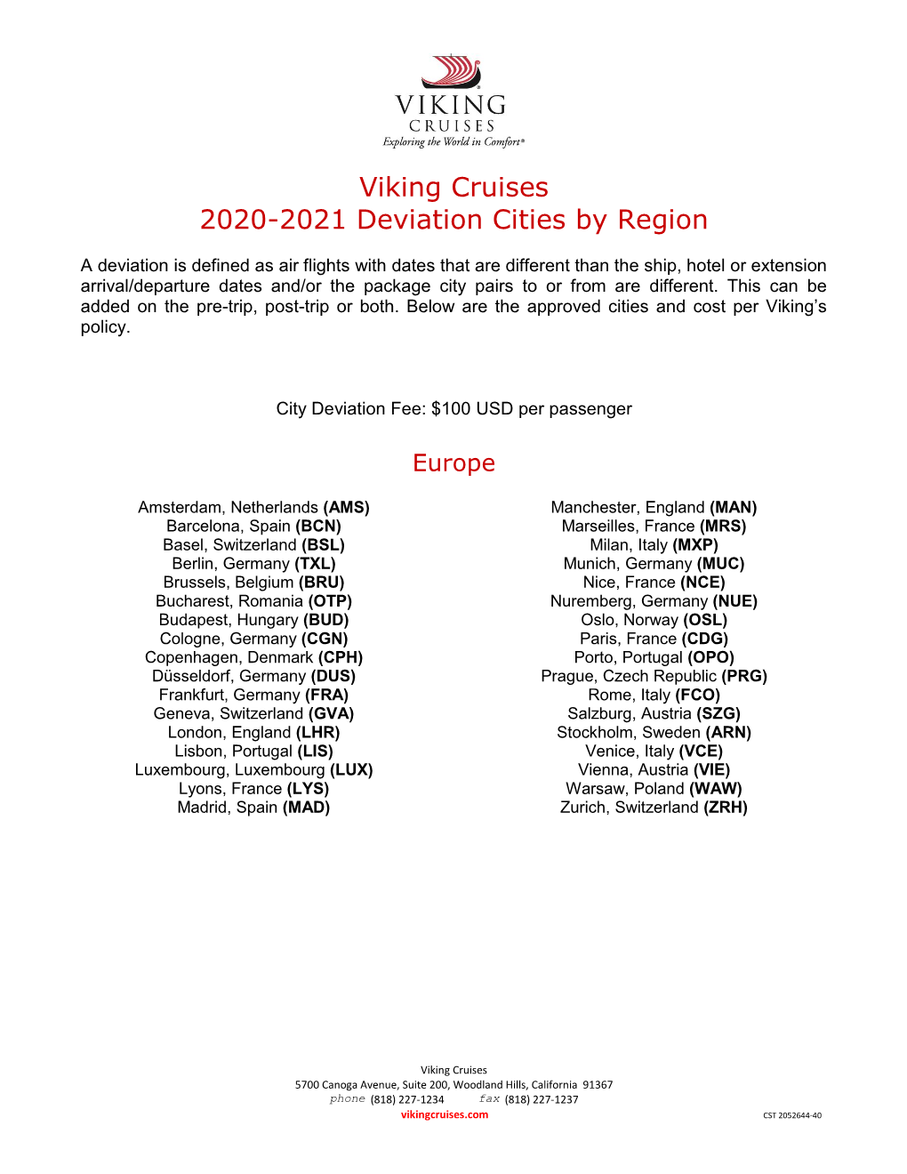Viking Cruises 2020-2021 Deviation Cities by Region