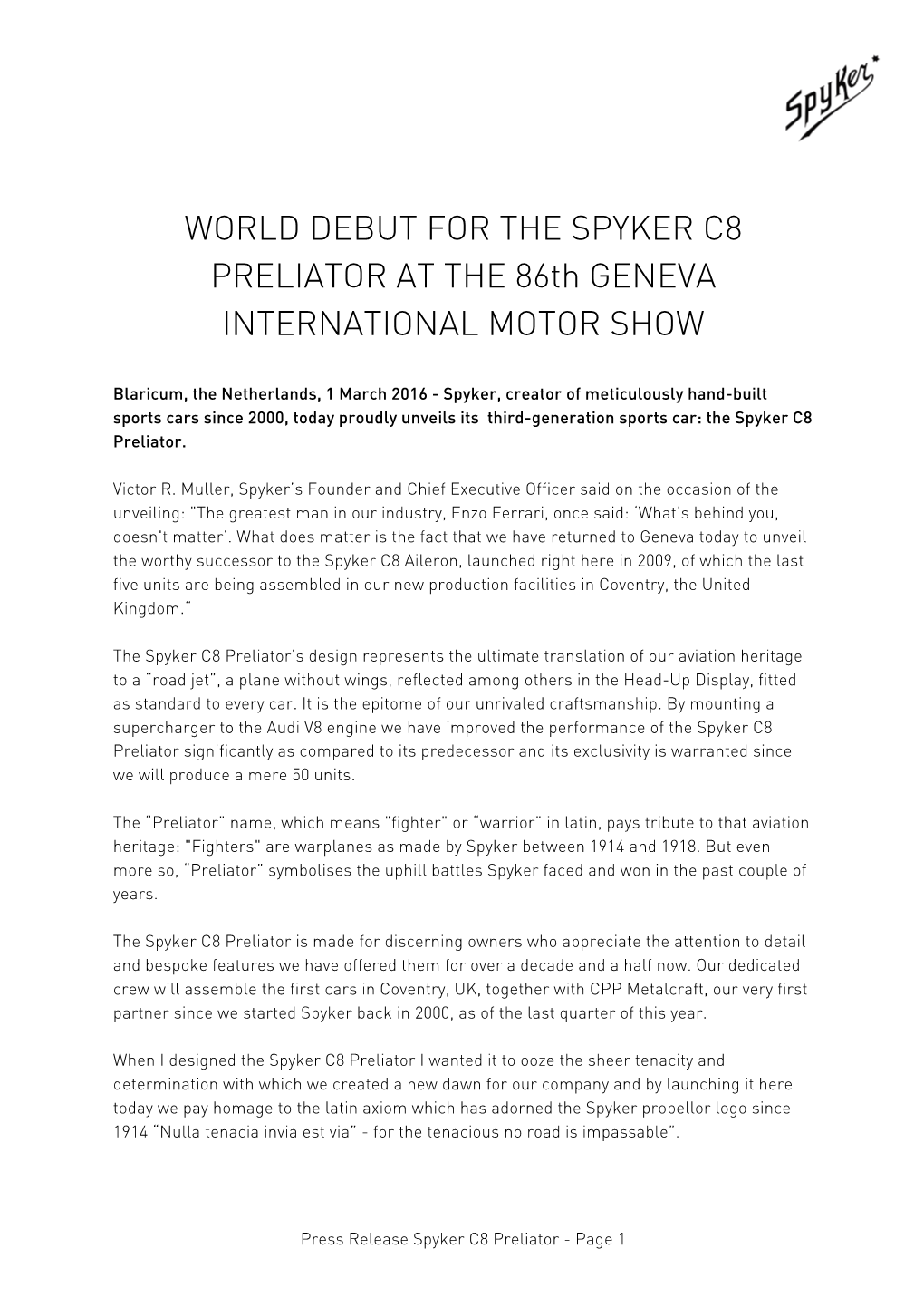 Press Release Spyker C8 Preliator - Page 1