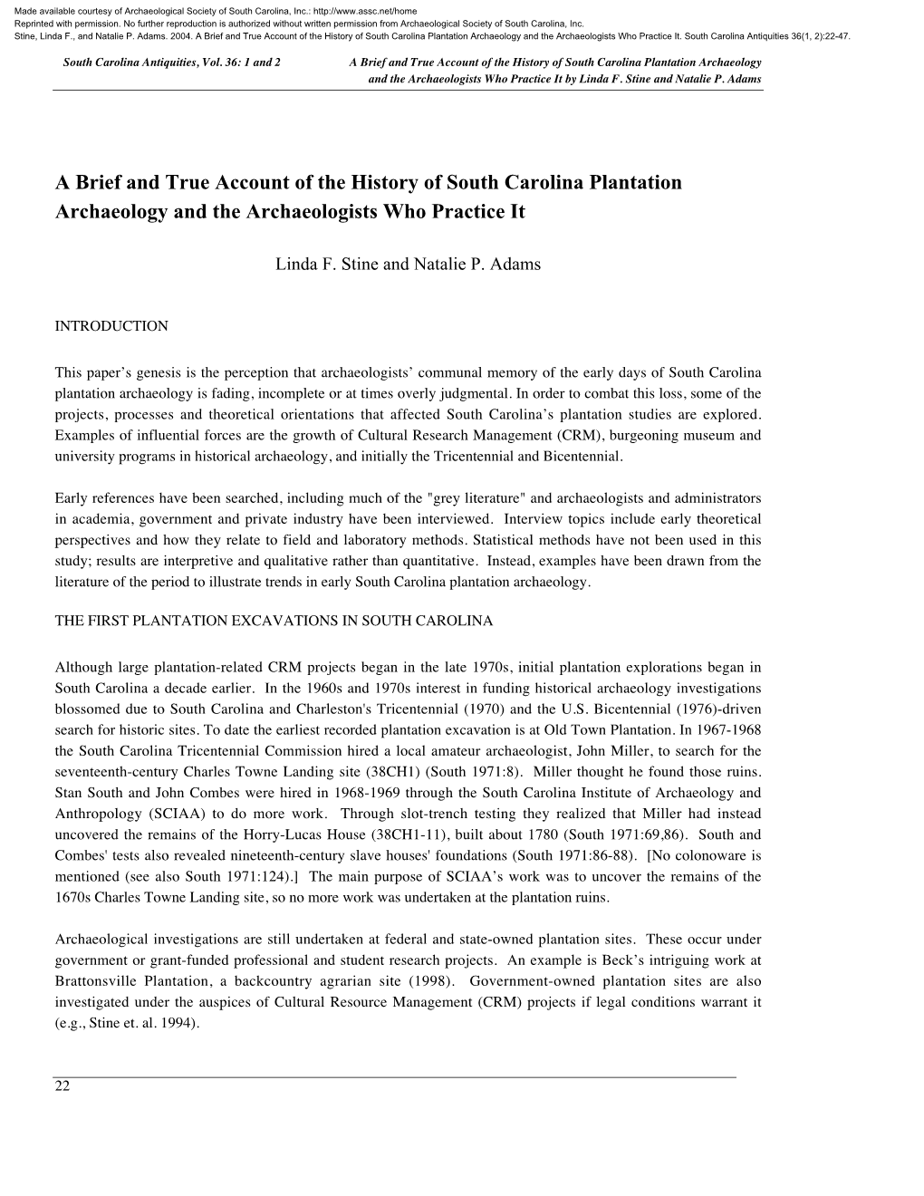 A Brief and True Account of the History of South Carolina Plantation Archaeology and the Archaeologists Who Practice It by Linda F