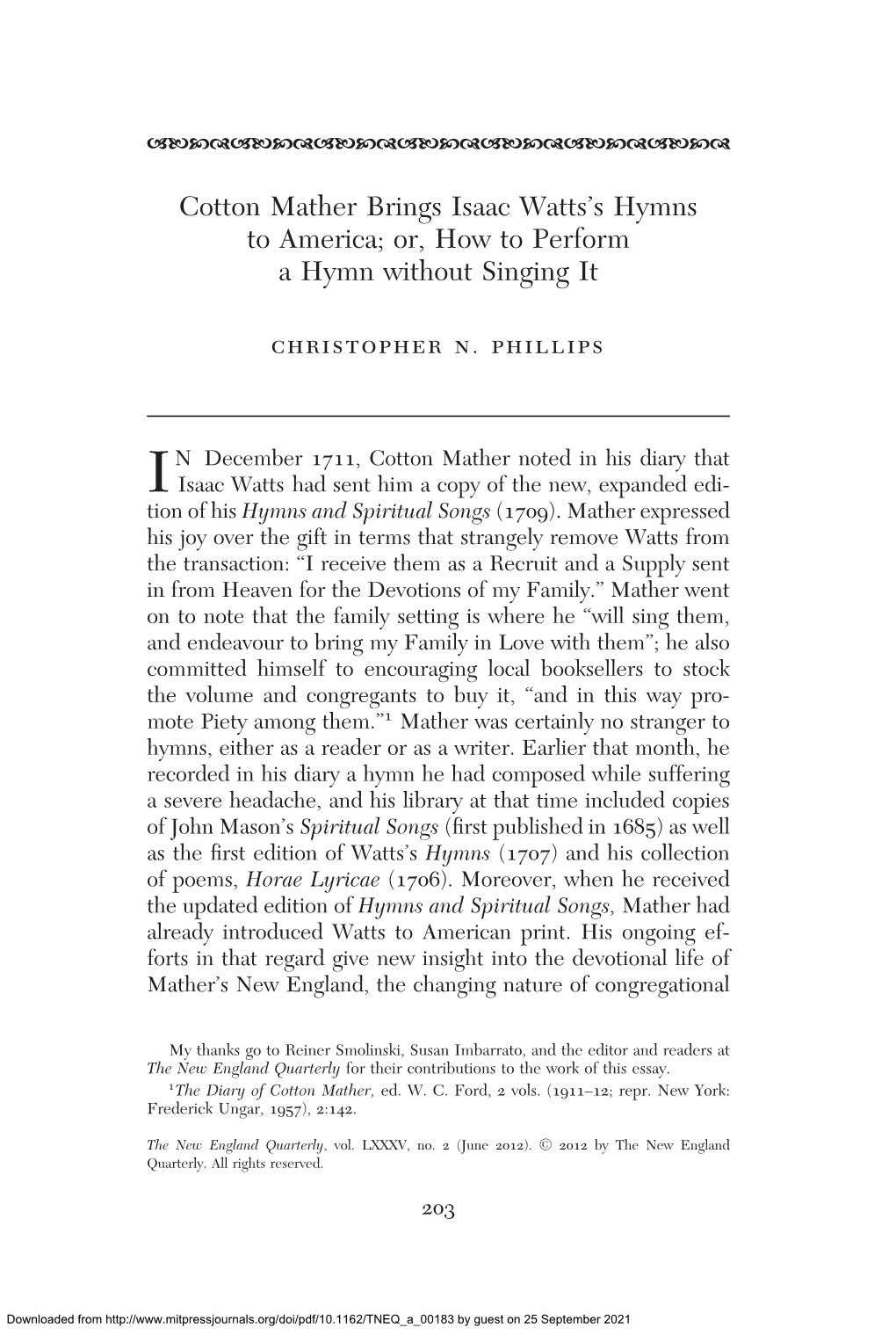 Cotton Mather Brings Isaac Watts's Hymns to America; Or, How To