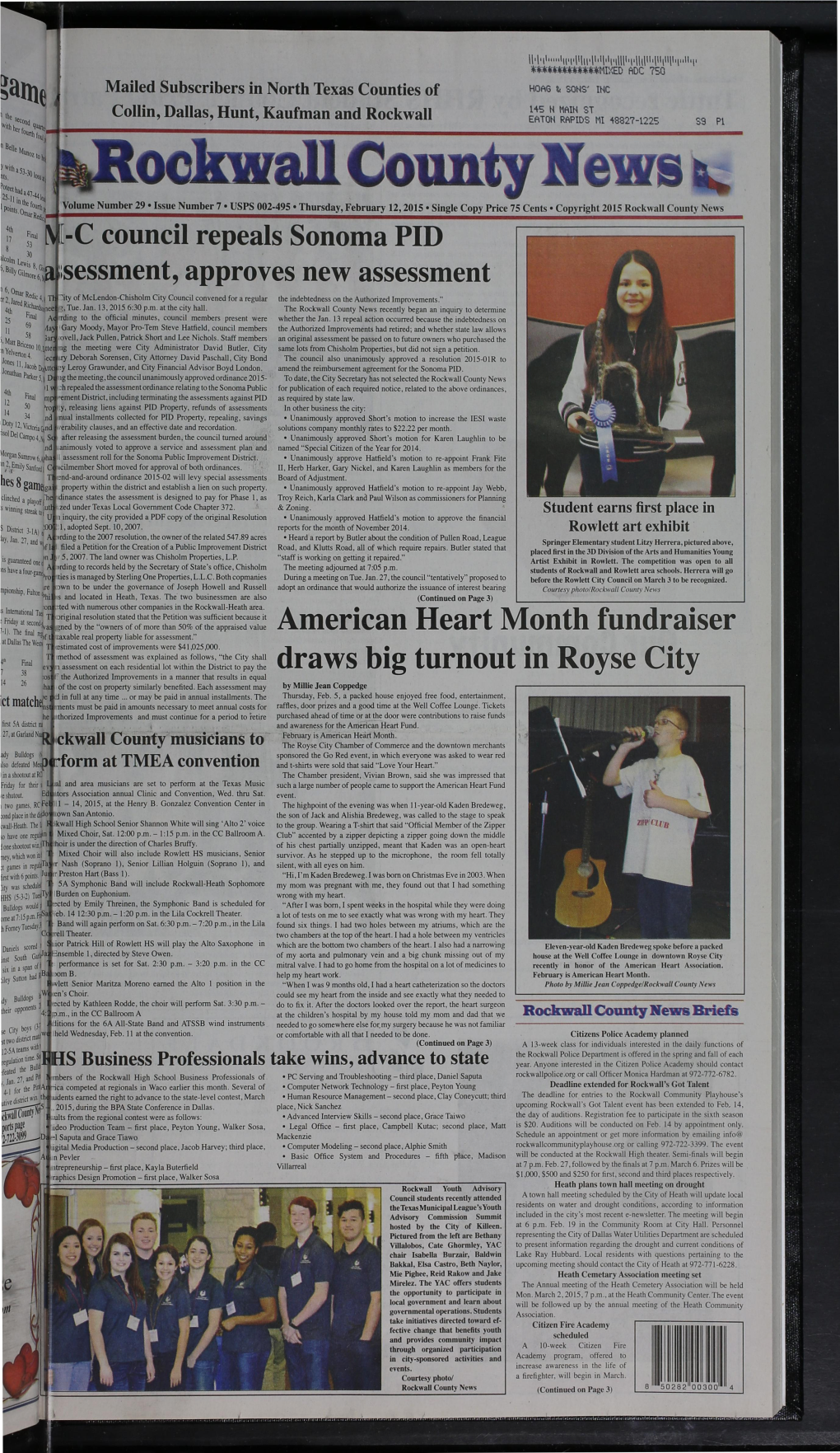 C-C Council Repeals Sonoma PID Sessment, Approves New Assessment American Heart Month Fundraiser Draws Big Turnout in Royse City