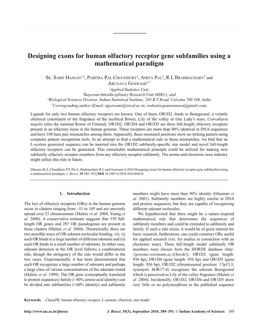 Designing Exons for Human Olfactory Receptor Gene Subfamilies Using a Mathematical Paradigm 389