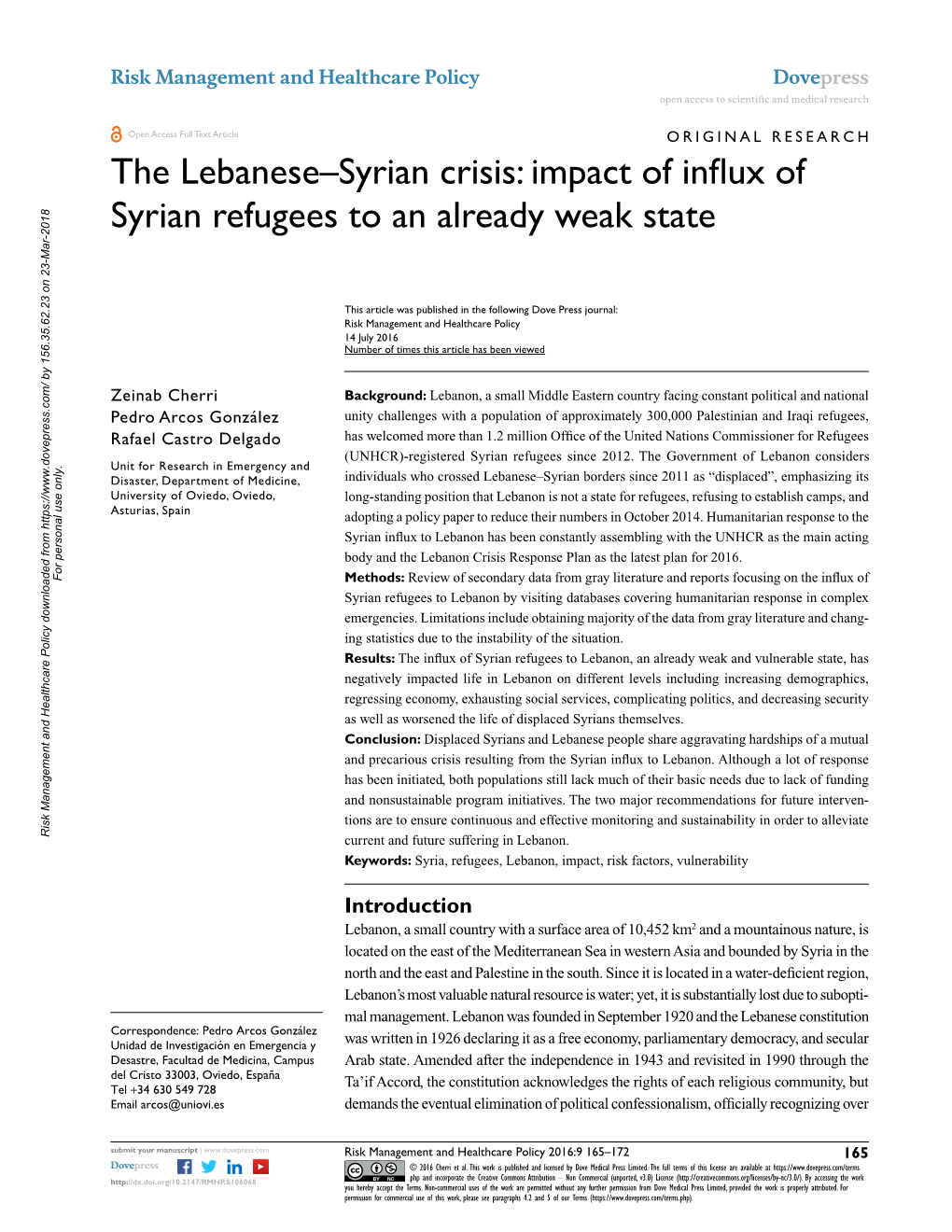 The Lebanese–Syrian Crisis: Impact of Influx of Syrian Refugees to an Already Weak State