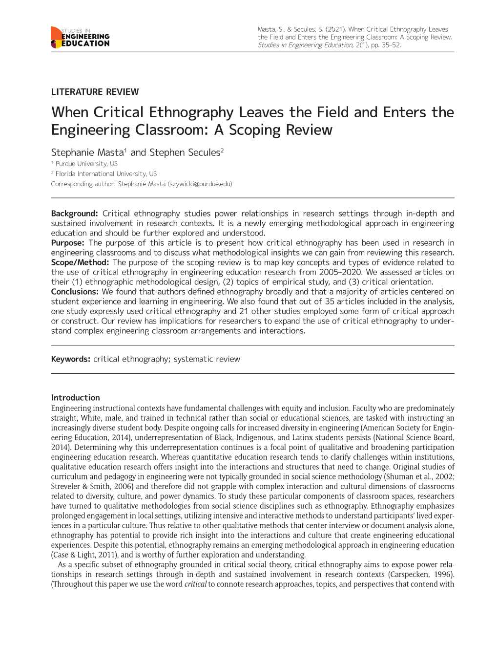 When Critical Ethnography Leaves the Field and Enters the Engineering Classroom: a Scoping Review
