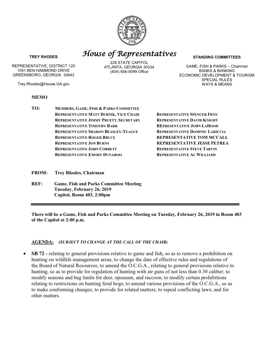 House of Representatives STANDING COMMITTEES