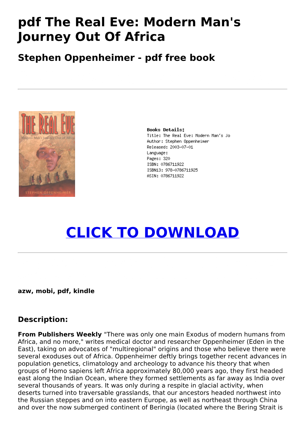 Pdf the Real Eve: Modern Man's Journey out of Africa