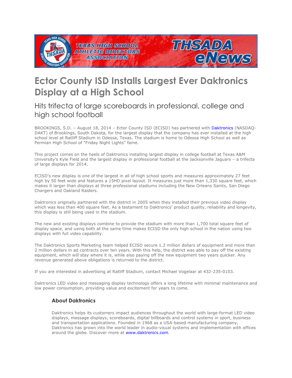 Ector County ISD Installs Largest Ever Daktronics Display at a High School Hits Trifecta of Large Scoreboards in Professional, College and High School Football