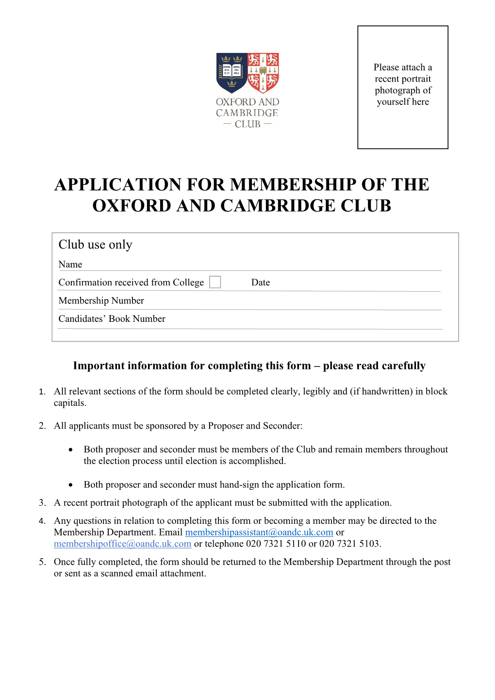 Application for Membership of the Oxford and Cambridge Club