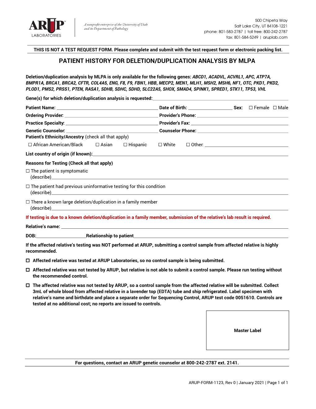 Patient History for Deletion/Duplication Analysis by Mlpa