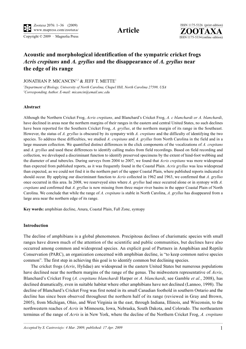 Zootaxa, Acoustic and Morphological Identification of the Sympatric Cricket