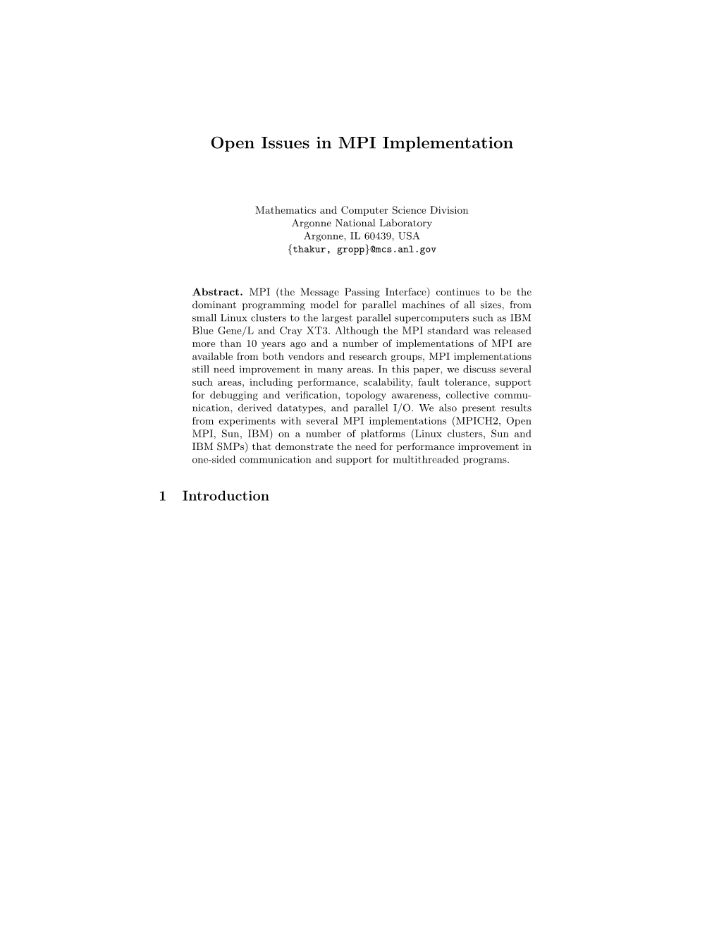 Open Issues in MPI Implementation